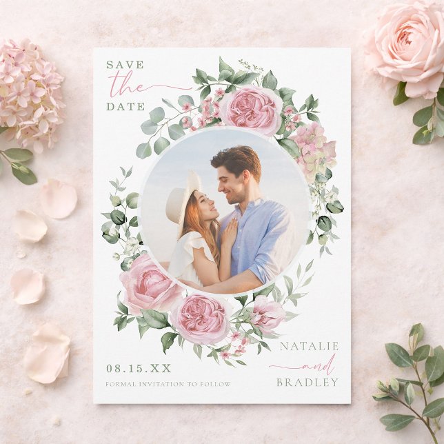 Rodnande blommande pioner och rosor Foto Spara dat Inbjudningar (Blush Floral Peonies and Roses Photo Save The Date Invitation)