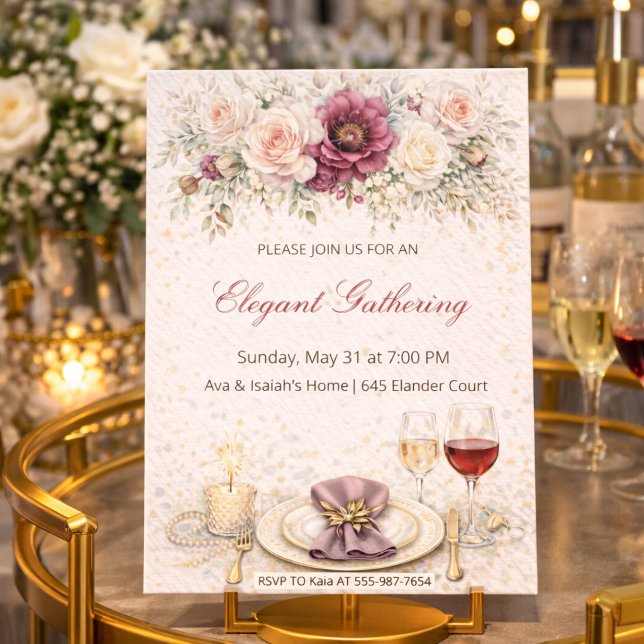 Rodnande Blommig Middagsfest Inbjudan (Blush floral dinner setting with gold detail and soft rose table styling)