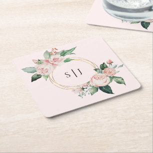 Rodnande Blommig Rosa Bröllopsmonogram Underlägg Papper Kvadrat