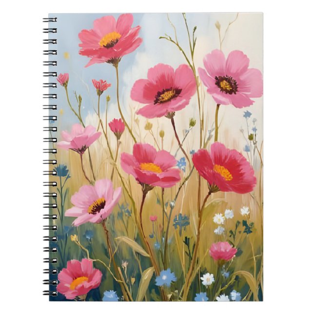 Rodnande Blomster | Rosa Blommig Äng Floral Anteckningsbok (Framsidan)