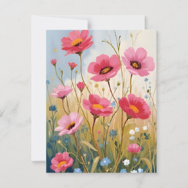 Rodnande Blomster | Rosa Blommig Äng Floral Tack Kort (Framsida)