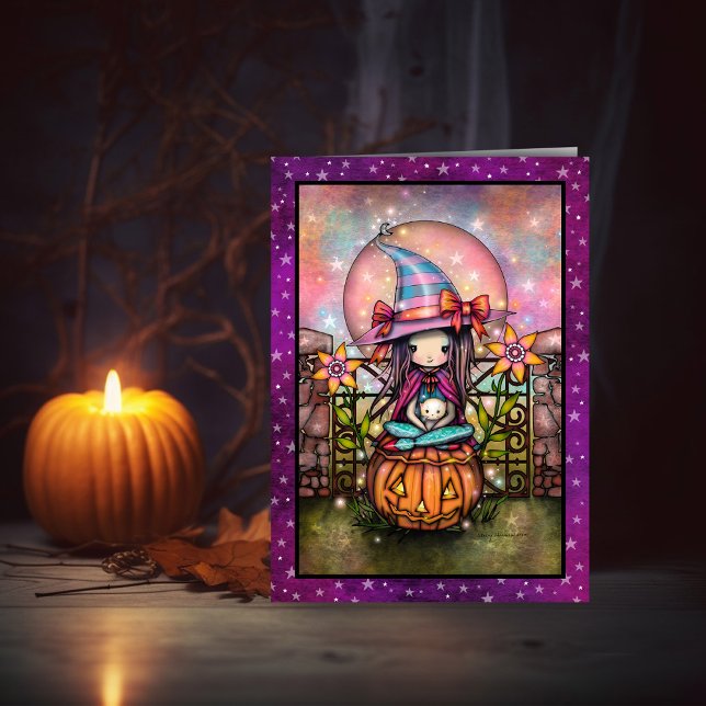 Rödnande måne Söt häxa och katt Halloween-konst Kort (Skapare uppladdad)