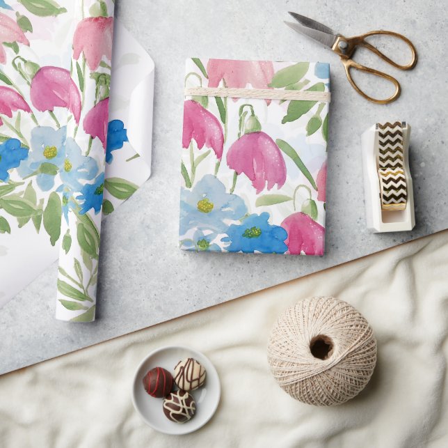 Rodnande Och Blå Vattenfärg Blommor Presentpapper (Hantverk)