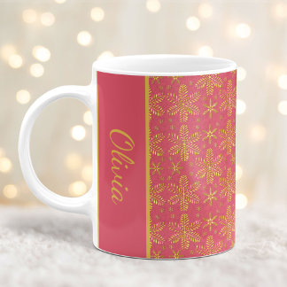 Rödnande och Guld Snöflingor Julmugg med Namn Kaffemugg