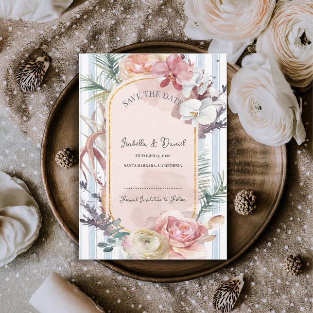 Rodnande orkidé Tropisk bröllopsinbjudan Save the  Meddelande (Blush Orchid Tropical Save the Date Card | Beach Destination Wedding Announcement)