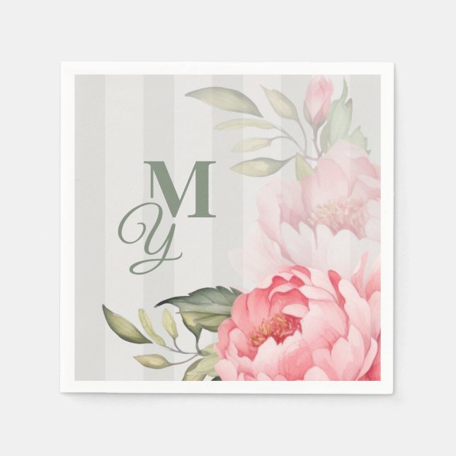 Rodnande Peony Bröllopsmonogram | Chic blommigt pa Pappersservett (Framsidan)