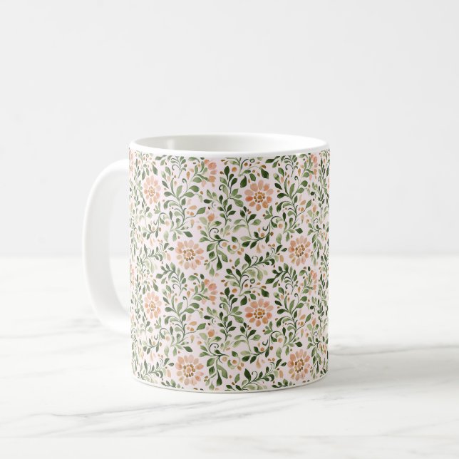Rodnande Persikablommor Gröna blad Kaffemugg (Framsida vänster)