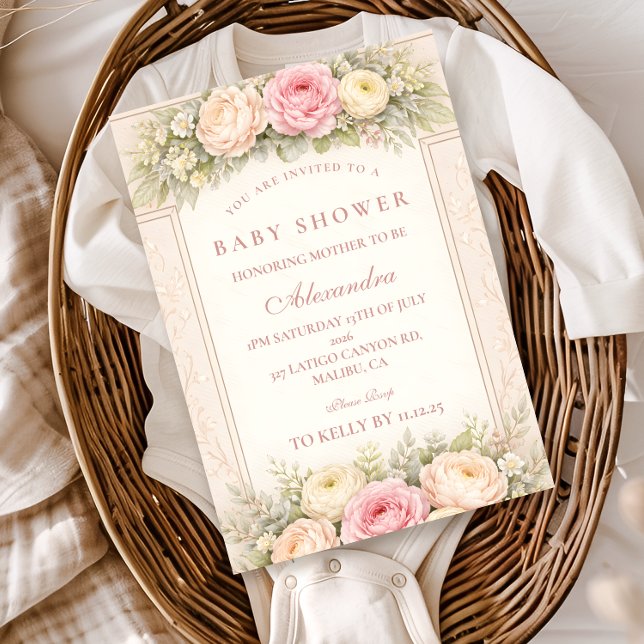 Rodnande Ranunculus Och Ros Trädgård Baby Shower Inbjudningar (Skapare uppladdad)