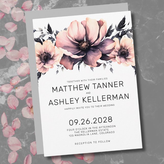 Rodnande Rosa Akvarell Blommig Bröllop Inbjudningar (Watercolor Blush Pink Flowers Boho Floral Wedding Invitation)