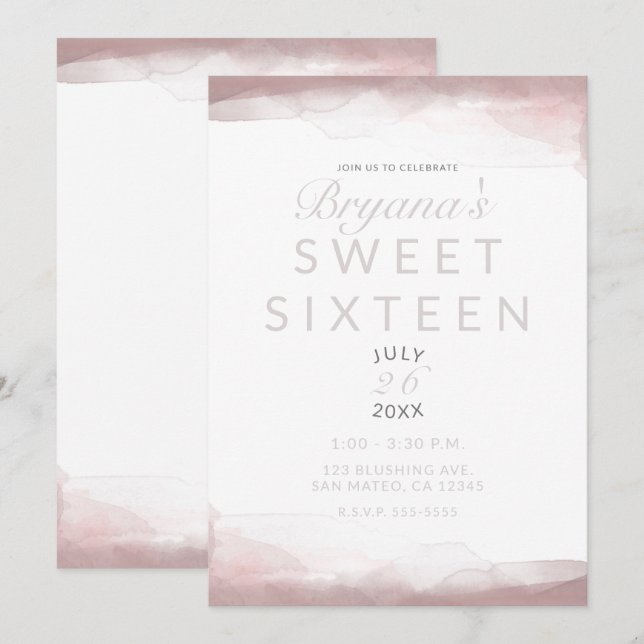 Rodnande Rosa Akvarell Modern Chic Sweet 16 Inbjudningar (Fram/baksida)