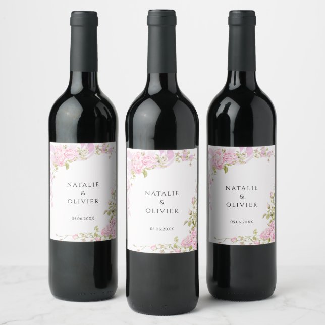 Rodnande Rosa Akvarell Rosenträdgård Chic Vin Vinflaska Etikett (Flaskor)