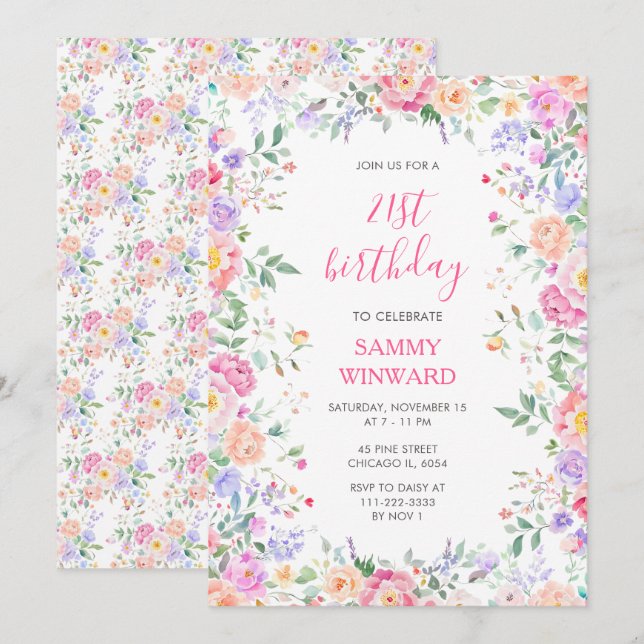 Rodnande Rosa Blommig 21-års Födelsedagsfest med V Inbjudningar (Fram/baksida)