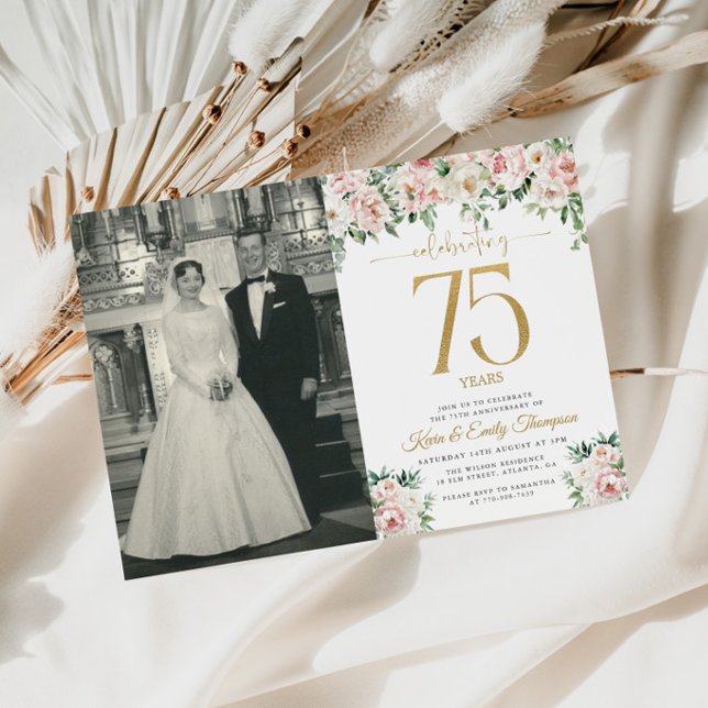 Rodnande Rosa Blommig 75-årsjubileum Inbjudningar (Skapare uppladdad)