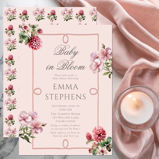 Rodnande Rosa Blommig Bebis i Blommande Trädgård B Inbjudningar (Blush pink “Baby in Bloom” floral shower invitation with elegant botanical details)