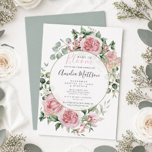 Rodnande Rosa Blommig Bebis i Knopp Babyfirande Inbjudningar
