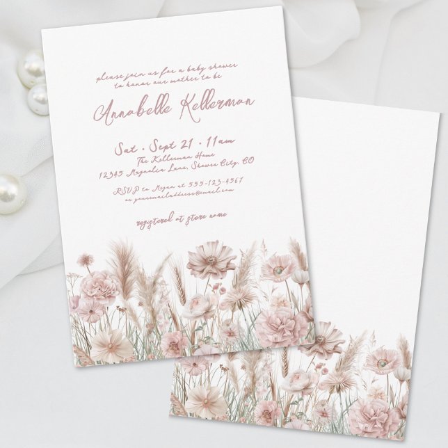 Rodnande Rosa Blommig Boho Barnkalas Inbjudningar (Blush Pink Pampas Floral Boho Baby Shower Invitation)