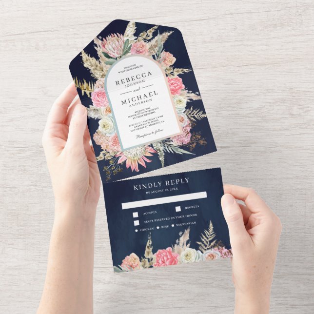 Rodnande Rosa Blommig Boho Pampas Gräs Marinblå Br (Avrivbar del)