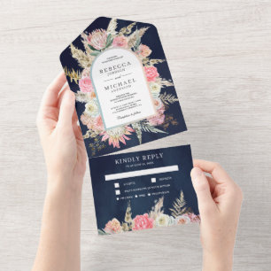 Rodnande Rosa Blommig Boho Pampas Gräs Marinblå Br