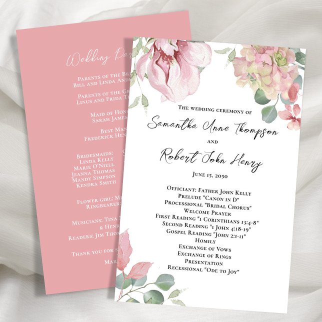 Rodnande Rosa Blommig Bröllopsceremoni Program (Elegant blush pink floral wedding ceremony program. )