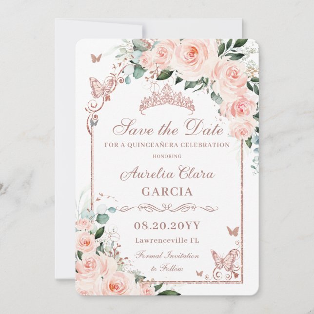 Rodnande Rosa Blommig Sweet 16 Rosa Guld Quinceañe Spara Datumet (Framsida)