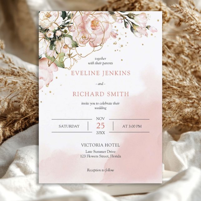 Rodnande Rosa Blommiga Rosor Boho Bröllopsinbjudan Inbjudningar (watercolor blush pink roses eucalyptus and gold wedding invitation)