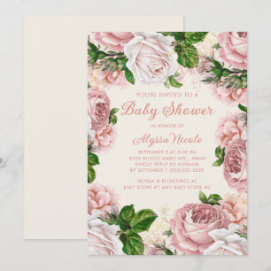Rodnande Rosa Blommiga Rosor Vita Flickbarns Babyf Inbjudningar