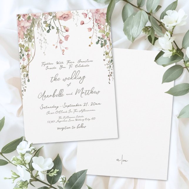 Rodnande Rosa Botanisk Akvarell Vildblomma Bröllop Inbjudningar (Blush Pink Botanical Watercolor Wildflower Wedding Invitation)