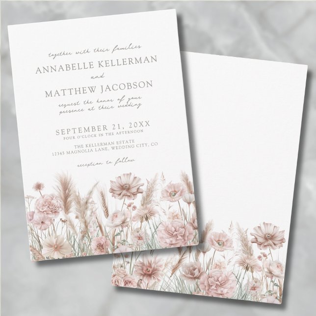 Rodnande Rosa Botanisk Boho Blommig Bröllop Inbjudningar (Blush Pink Botanical Pampas Floral Boho Wedding Invitation)