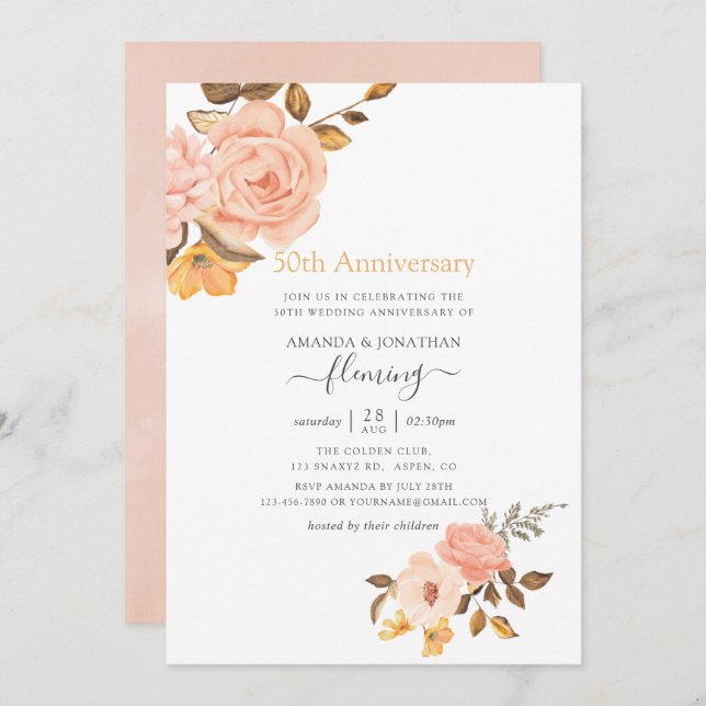 Rodnande Rosa & Guld Blommig 50-års Bröllopsdag Inbjudningar (Fram/baksida)