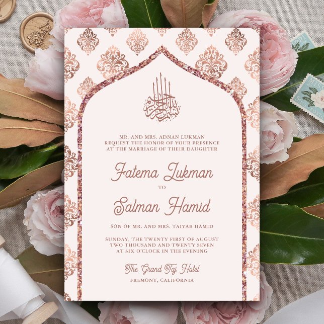 Rodnande Rosa Guld Damask Båge Muslimsk Bröllop Inbjudningar (Skapare uppladdad)