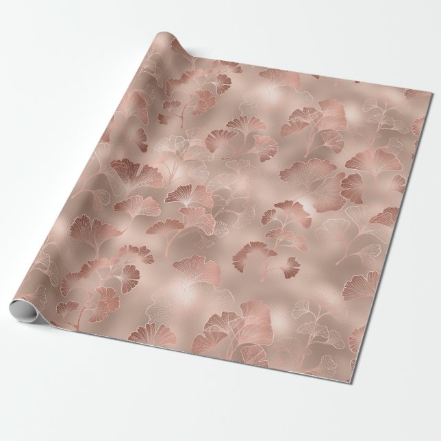 Rodnande Rosa Guld Ginkgo Blad Elegant Botanisk 1 Presentpapper (Utrullad)