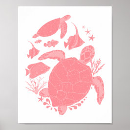 Rodnande rosa havsscen med fiskar och sköldpaddor poster