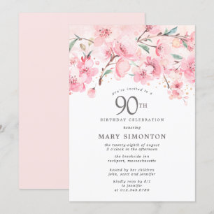 Rodnande Rosa Körsbärsblom Floral 90-årsdag Inbjudningar