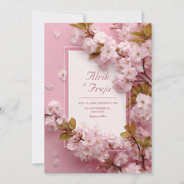Rodnande Rosa Körsbärsblom Floral Vårbröllop Inbjudningar (Framsida)