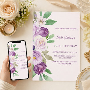 Rodnande rosa lila blommor födelsedag inbjudningar