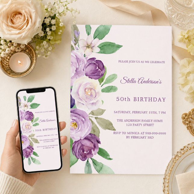 Rodnande rosa lila blommor födelsedag inbjudningar (Skapare uppladdad)
