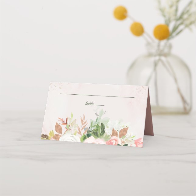 Rodnande Rosa och Guld Vattenfärg Blommor Placeringskort (Framsida)