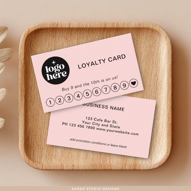 Rodnande Rosa Professionell Logotyp Belönings Loja Visitkort (Customize rewards card with logo, name, contact and promotion details.)
