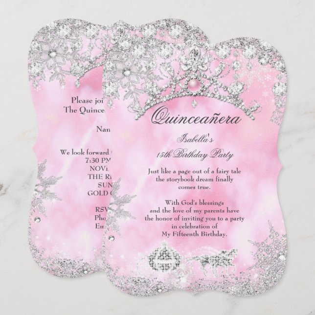 Rodnande rosa Quinceanera 15-års Vinterundret Inbjudningar (Fram/baksida)