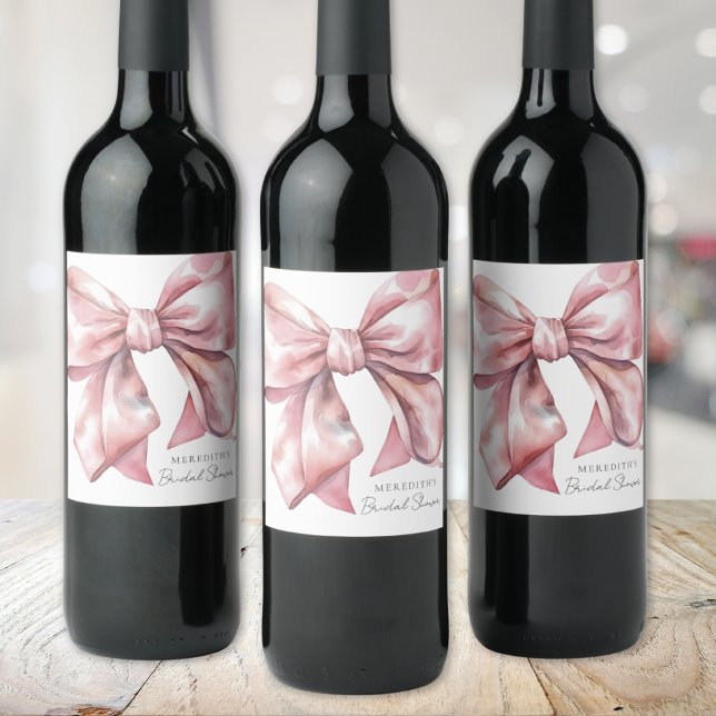 Rodnande Rosa Ros Bröllopsfest Vinflaska Etikett (Blush Pink Bow Bridal Shower Wine Label)