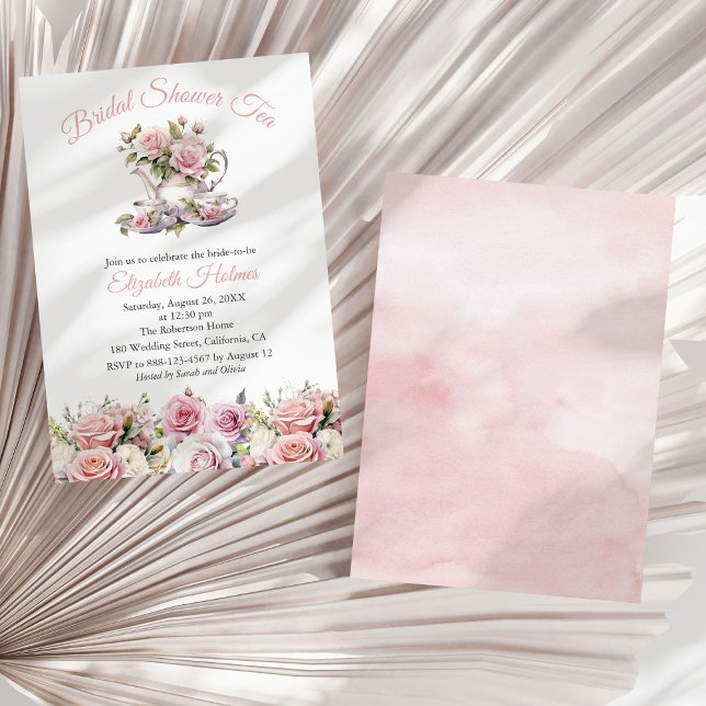 Rodnande Rosa Rosor Bröllopsdusch Te Brunch Inbjudningar (Blush Pink Roses Bridal Shower Tea Brunch Invitation on a sunny white dry palm leaf.)