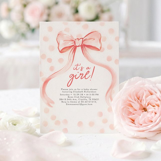 Rodnande Rosa Slöja Whimsical Minimalist Bebisens  Inbjudningar (Blush Pink Bow and Polka Dots Minimalist Girl Baby Shower Invitations)