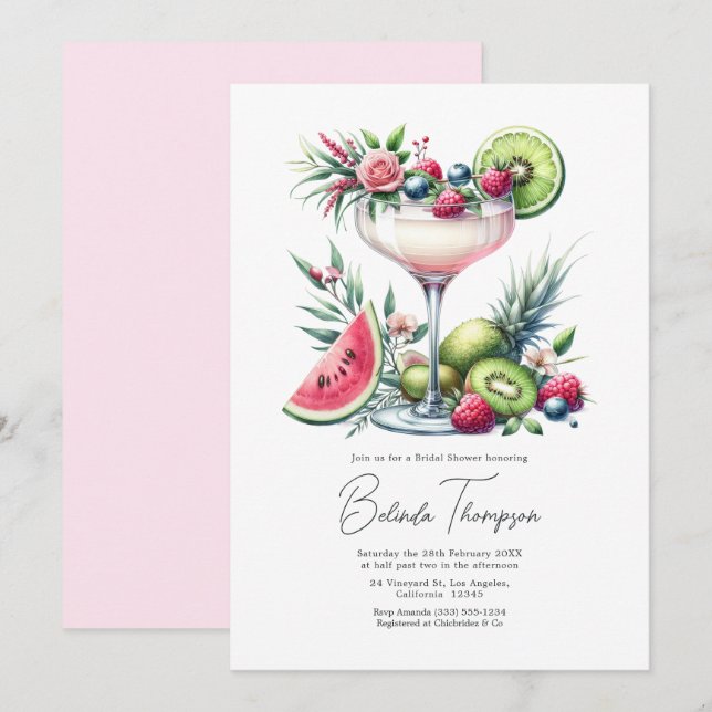 Rodnande Rosa Tropiskt Blommigt Cocktail Bröllopsf Inbjudningar (Fram/baksida)
