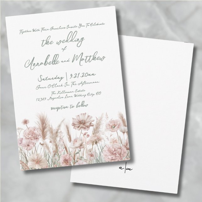 Rodnande Rosa Vildblomma Boho Bröllop Inbjudningar (Blush Pink Botanical Wildflowers Boho Wedding Invitation)
