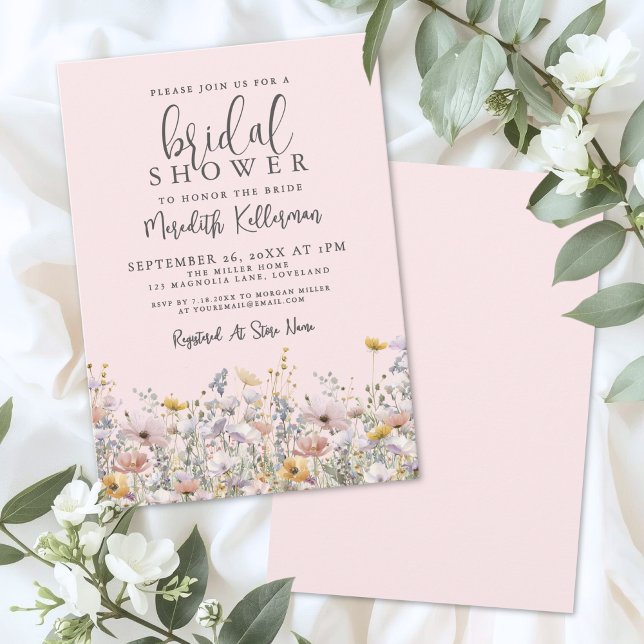 Rodnande Rosa Vildblomma Bröllopsdusch Inbjudningar (Blush Pink Wildflower Bridal Shower Invitation)