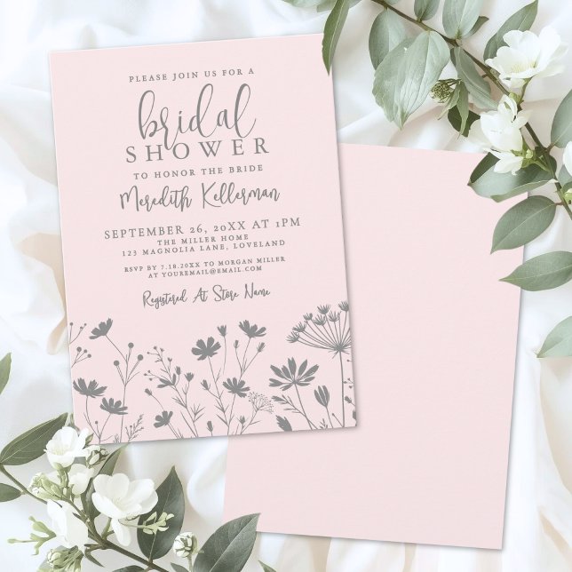 Rodnande Rosa Vildblomma Bröllopsdusch Inbjudningar (Blush Pink Wildflower Bridal Shower Invitation)