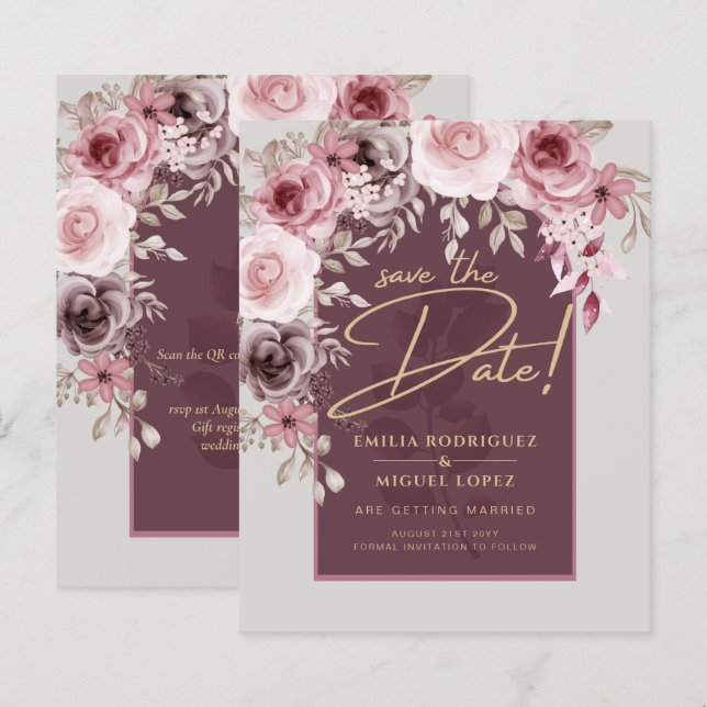 Rodnande rosa vinröda blommiga bröllop UPPDATERING (Fram/baksida)