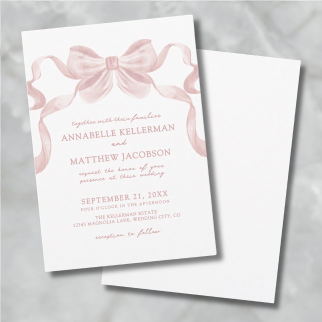 Rodnande Rosa Whimsisk Slinga Elegant Bröllop Inbjudningar (Blush Pink Whimsical Bow Elegant Wedding Invitation)