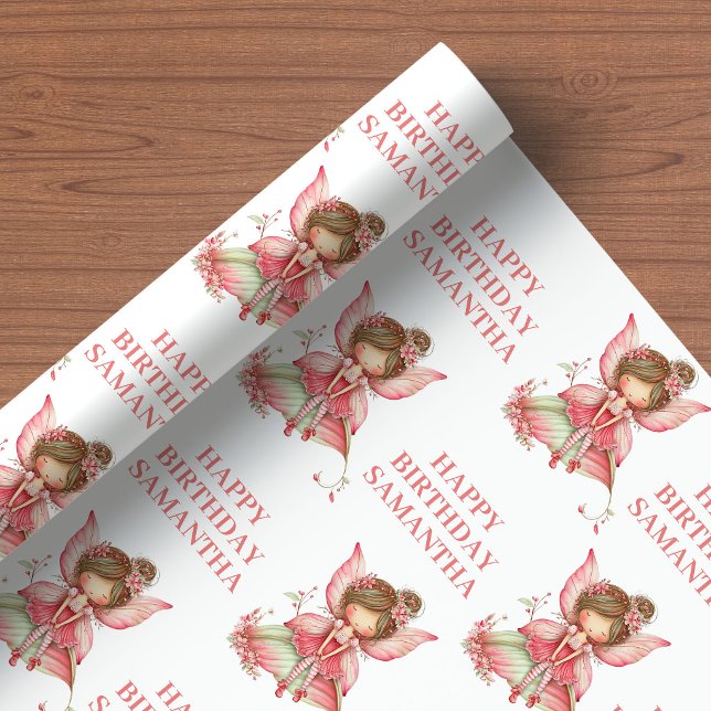 Rodnande Sagoflicka Whimsical Blommig Födelsedag Presentpapper (Blush Fairy Girl Whimsical Floral Birthday Wrapping Paper

)