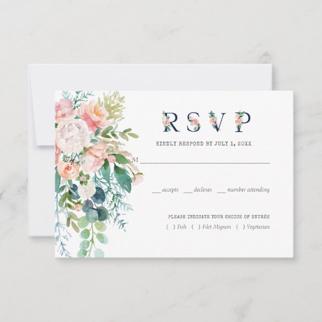 Rodnande sommarblommig bröllops-RSVP med måltid OSA Kort (Framsida)